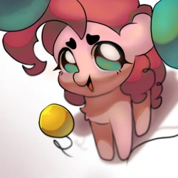 Size: 1000x1000 | Tagged: safe, artist:juliana1arts, imported from derpibooru, pinkie pie, pony, balloon, chest fluff, cute, diapinkes, floppy ears, looking at you, open mouth, overhead view, party balloon, simple background, solo, white background