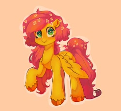 Size: 1388x1270 | Tagged: safe, artist:juliana1arts, imported from derpibooru, fluttershy, pegasus, pony, alternate hairstyle, chest fluff, cute, female, flower, flower in hair, flower in tail, looking at you, mare, pink background, raised hoof, shyabetes, simple background, solo, spread wings, standing, three quarter view, unshorn fetlocks, wings