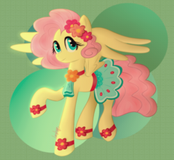 Size: 1280x1178 | Tagged: safe, artist:thelazydumpling, imported from derpibooru, fluttershy, pegasus, pony, abstract background, clothes, female, flower, flower in hair, gameloft, gameloft interpretation, hoofband, looking at you, mare, raised hoof, skirt, smiling, solo, spread wings, standing, three quarter view, wings