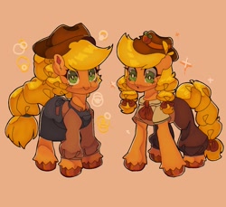 Size: 1388x1270 | Tagged: safe, artist:juliana1arts, imported from derpibooru, applejack, earth pony, pony, alternate hairstyle, apron, braid, braided pigtails, braided tail, clothes, cute, duality, female, jackabetes, mare, solo, unshorn fetlocks
