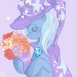 Size: 1214x1208 | Tagged: safe, artist:fiishfin, imported from derpibooru, trixie, pony, unicorn, bouquet, bust, cute, diatrixes, eyes closed, female, flower, mare, profile, purple background, simple background, solo