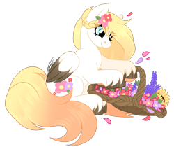 Size: 2684x2285 | Tagged: safe, artist:inspiredpixels, imported from derpibooru, oc, oc only, oc:ember (cinnamontee), pegasus, pony, basket, female, flower, high res, mare, pegasus oc, smiling, solo, two toned wings, wings