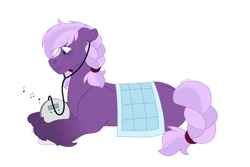 Size: 1280x854 | Tagged: safe, artist:itstechtock, imported from derpibooru, oc, oc only, oc:bell pepper, earth pony, pony, blanket, braid, earbuds, female, lying down, magical lesbian spawn, mare, missing cutie mark, music notes, offspring, parent:cayenne, parent:raspberry sorbet, prone, sad, simple background, solo, teary eyes, unshorn fetlocks, white background