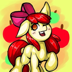 Size: 1543x1543 | Tagged: safe, artist:kyouman1010, imported from derpibooru, apple bloom, earth pony, pony, female, filly, one eye closed, raised hoof, smiling, solo
