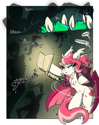 Size: 2850x3600 | Tagged: safe, artist:bbsartboutique, imported from derpibooru, oc, oc only, oc:blood moon, oc:cloud skipper, oc:sky rider, bat pony, pegasus, pony, comic:home is where the haunt is, angry, backpack, bat pony oc, bat wings, book, comic, dialogue, female, high res, mare, monster, pegasus oc, text, twins, wings