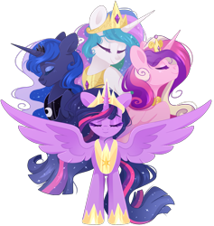 Size: 2163x2283 | Tagged: safe, artist:cinnamontee, imported from derpibooru, princess cadance, princess celestia, princess luna, twilight sparkle, alicorn, pony, the last problem, alicorn tetrarchy, crown, ethereal mane, eyes closed, female, high res, hoof shoes, jewelry, mare, older, older twilight, peytral, princess twilight 2.0, regalia, royal sisters, siblings, simple background, sisters, smiling, spread wings, starry mane, transparent background, twilight sparkle (alicorn), wings