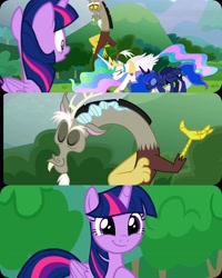 Size: 4096x5120 | Tagged: safe, edit, edited screencap, editor:zcord, imported from derpibooru, screencap, discord, princess celestia, princess luna, twilight sparkle, alicorn, draconequus, pony, season 9, the ending of the end, spoiler:s09, 3 panel comic, absurd resolution, bowing, collage, comic, cropped, crown, eyes closed, female, happy, hoof on chest, jewelry, male, mare, proud, regalia, royal sisters, screencap comic, siblings, sisters, smiling, twilight sparkle (alicorn)