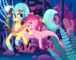 Size: 1000x800 | Tagged: safe, artist:duskinova, imported from derpibooru, pinkie pie, princess skystar, earth pony, pony, seapony (g4), my little pony: the movie, bioluminescent, blue eyes, blue mane, blushing, bubble, coral, dorsal fin, eyes closed, female, fish tail, flower, flower in hair, flowing tail, freckles, heart, jewelry, lesbian, looking at each other, necklace, ocean, open mouth, open smile, pearl necklace, pink mane, seaponified, seapony pinkie pie, seaquestria, seaweed, shipping, skypie, smiling, species swap, swimming, tail, underwater, water