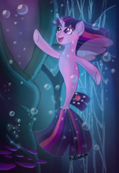 Size: 2013x2930 | Tagged: safe, artist:kiravia28, imported from derpibooru, twilight sparkle, alicorn, pony, seapony (g4), bubble, clothes, dorsal fin, female, fin wings, fish tail, flowing mane, flowing tail, high res, horn, looking up, ocean, open mouth, purple eyes, seaponified, seapony twilight, seaquestria, see-through, signature, smiling, solo, species swap, tail, twilight sparkle (alicorn), underwater, water, wings