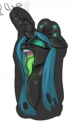 Size: 1013x1633 | Tagged: safe, artist:ponerino, queen chrysalis, changeling, changeling queen, eyes closed, fangs, female, glow, glowing tongue, simple background, sketch, tongue out, wip, yawn