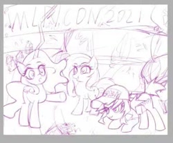 Size: 483x399 | Tagged: safe, artist:开清, oc:conpone, oc:contard, earth pony, pony, unicorn, art pack:chinese commission artwork expo, /mlp/ con, hat, lowres, monochrome, smiling, vestigial horn