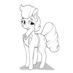 Size: 1600x1600 | Tagged: safe, artist:aquaticvibes, imported from twibooru, cup cake, earth pony, pony, atg 2021, black and white, female, grayscale, image, mare, monochrome, natg 2021, newbie artist training grounds, png, simple background, solo, standing, white background