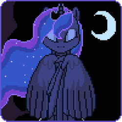 Size: 300x300 | Tagged: safe, artist:imreer, edit, editor:hotkinkajou, imported from derpibooru, princess luna, oc, oc:anon, alicorn, human, pony, /mlp/, animated, blinking, duo, ethereal mane, female, gif, horn, jewelry, lidded eyes, male, mare, peytral, pixel art, spread wings, starry mane, tiara, unofficial edits thread, wings