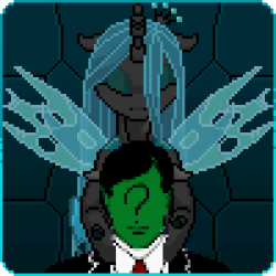 Size: 300x300 | Tagged: safe, artist:imreer, edit, editor:hotkinkajou, queen chrysalis, oc, oc:anon, changeling, changeling queen, human, /mlp/, animated, blinking, changeling oc, commission, duo, female, gif, lidded eyes, male, mare, pixel art, spread wings, unofficial edits thread, wings, ych result