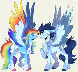 Size: 1768x1624 | Tagged: safe, artist:wanderingpegasus, imported from derpibooru, rainbow dash, soarin', pegasus, pony, alternate hairstyle, blaze (coat marking), chest fluff, coat markings, colored hooves, colored wings, duo, ear fluff, facial markings, facing each other, feathered fetlocks, female, freckles, gradient wings, grin, leg fluff, looking at each other, male, mare, markings, multicolored wings, not shipping, pale belly, rainbow wings, redesign, scrunchy face, simple background, smiling, snip (coat marking), socks (coat markings), spread wings, stallion, standing, tail feathers, two toned wings, unshorn fetlocks, wings, yellow background