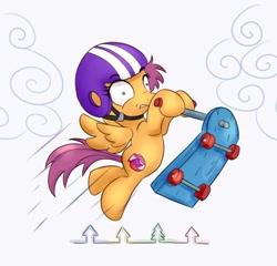 Size: 1190x1142 | Tagged: safe, artist:nedemai, imported from derpibooru, scootaloo, pegasus, pony, atg 2021, cloud, helmet, newbie artist training grounds, scooter, shrunken pupils, solo, tree, uh oh