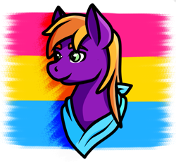 Size: 621x571 | Tagged: safe, artist:deathtoaster, imported from derpibooru, oc, oc only, oc:burningstar, pegasus, pony, bust, clothes, cute, pansexual, pansexual pride flag, portrait, pride, pride flag, pride month, scarf, smiling, solo