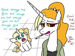 Size: 970x721 | Tagged: safe, artist:jargon scott, imported from derpibooru, oc, oc only, oc:dyx, oc:dyxkrieg, alicorn, pony, bathrobe, broken english, cigarette, clothes, dialogue, duo, female, filly, magical lesbian spawn, mare, meme, mother and child, mother and daughter, neurodivergent, offspring, older, older dyx, open mouth, parent:oc:dyx, parent:oc:luftkrieg, parents:oc x oc, robe, smoking, wingding eyes