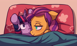 Size: 4542x2712 | Tagged: safe, artist:chub-wub, imported from derpibooru, sunny starscout, twilight sparkle, alicorn, earth pony, pony, bed, blanket, cute, female, g5, in-universe pegasister, mare, pillow, plushie, ponified animal photo, solo, sunnybetes, twilight plushie, twilight sparkle (alicorn), twilight sparkle plushie