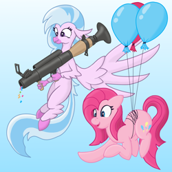 Size: 1280x1280 | Tagged: safe, artist:darkgred, imported from derpibooru, pinkie pie, silverstream, classical hippogriff, earth pony, hippogriff, pony, confetti, cute, cuteamena, duo, duo female, female, mare, pinkamena diane pie, rocket launcher, streamers, team fortress 2, weapon