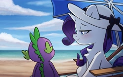 Size: 4096x2558 | Tagged: safe, artist:chub-wub, artist:cottonsweets, imported from derpibooru, rarity, spike, dragon, pony, unicorn, beach, beach chair, beach umbrella, blushing, chair, collaboration, deck chair, female, hat, high res, male, mare, shipping, smiling, sparity, straight, sun hat