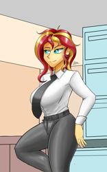 Size: 1000x1600 | Tagged: safe, artist:zachc, imported from derpibooru, sunset shimmer, human, equestria girls, clothes, female, necktie, office, solo
