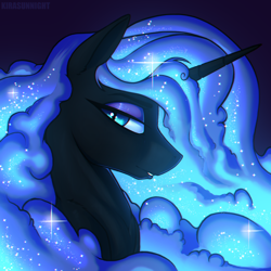 Size: 2000x2000 | Tagged: safe, artist:kirasunnight, imported from derpibooru, nightmare moon, alicorn, pony, bust, ethereal mane, female, hair over one eye, high res, looking at you, mare, nicemare moon, solo, starry mane