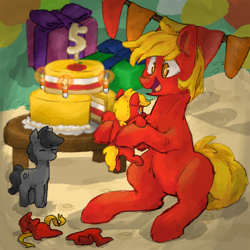 Size: 2048x2048 | Tagged: safe, artist:mkd, imported from derpibooru, oc, oc:default pony, oc:fez, oc:offline, earth pony, pony, pony town, 5, anniversary, cake, candle, food, happy, high res, plushie, present, table, toy