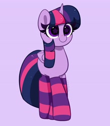Size: 3586x4096 | Tagged: safe, artist:kittyrosie, imported from derpibooru, twilight sparkle, alicorn, pony, blushing, clothes, cute, female, mare, purple background, redraw, simple background, socks, solo, starry eyes, stockings, striped socks, thigh highs, twiabetes, twilight sparkle (alicorn), wingding eyes