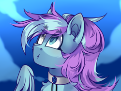 Size: 1116x838 | Tagged: safe, artist:mediasmile666, imported from derpibooru, oc, oc only, pegasus, pony, bust, choker, cloud, female, heterochromia, mare, sky, solo
