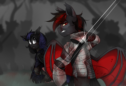 Size: 3620x2461 | Tagged: safe, artist:mediasmile666, imported from derpibooru, oc, oc only, bat pony, pony, bat pony oc, bat wings, blood, duo, female, high res, male, mare, slit eyes, slit pupils, spread wings, stallion, wings