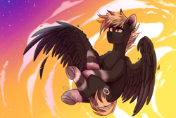 Size: 3000x2017 | Tagged: safe, artist:mediasmile666, imported from derpibooru, oc, oc only, pegasus, pony, cloud, flying, high res, male, sky, spread wings, stallion, stars, wings