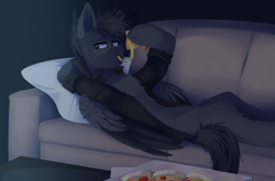 Size: 3000x1984 | Tagged: safe, artist:mediasmile666, imported from derpibooru, oc, oc only, oc:max moore, pegasus, pony, couch, eating, food, male, movie night, pillow, pizza, solo, stallion