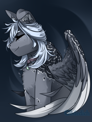Size: 1484x1976 | Tagged: safe, artist:mediasmile666, imported from derpibooru, oc, oc only, pegasus, pony, abstract background, coat markings, collar, eyes closed, female, freckles, mare, sitting, solo, spread wings, wings