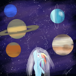 Size: 2000x2000 | Tagged: safe, artist:magnusmagnum, imported from derpibooru, rainbow dash, pegasus, pony, female, high res, mare, planet, solo, space
