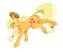 Size: 1280x1067 | Tagged: safe, artist:copshop, imported from derpibooru, applejack, earth pony, pony, applebutt, bucking, butt, dock, female, hat, horseshoes, looking back, mare, open mouth, open smile, plot, simple background, smiling, solo, transparent background, underhoof, unshorn fetlocks