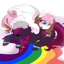 Size: 3000x3000 | Tagged: safe, artist:2pandita, imported from derpibooru, oc, oc only, alicorn, earth pony, pony, bow, female, glasses, high res, mare, rainbow, simple background, tail bow, white background