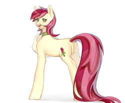Size: 2800x2300 | Tagged: safe, alternate version, artist:dundee, imported from derpibooru, roseluck, earth pony, pony, butt, collar, commission, commissioner:doom9454, cute, dock, high res, long tail, pet tag, pony pet, rosebutt, rosepet