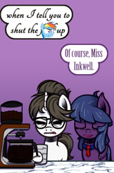 Size: 635x960 | Tagged: safe, artist:esuka, imported from derpibooru, raven, oc, oc:comet shimmer, bat pony, ask-canterlot-musicians, bat pony oc, bat wings, caffeine, censored, coffee, coffee machine, female, glasses, hair bun, mare, morning, necktie, raven inkwell, ravenbetes, secretary, stressed, swearing, tired, vulgar, wings, wrinkles