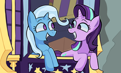 Size: 1280x766 | Tagged: safe, artist:tedcomputer, imported from derpibooru, starlight glimmer, trixie, pony, unicorn, road to friendship, looking at each other, open mouth, open smile, scene interpretation, smiling