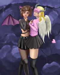 Size: 1217x1522 | Tagged: safe, artist:scs-g3-n17, imported from derpibooru, oc, oc:black dawn, oc:midnight cakepowder, succubus, equestria girls, bat ears, latex, tail, wings