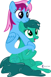 Size: 4000x6063 | Tagged: safe, artist:parclytaxel, imported from derpibooru, oc, oc only, oc:morpha, oc:parcly taxel, alicorn, genie, genie pony, goo, goo pony, original species, pony, ain't never had friends like us, albumin flask, .svg available, absurd resolution, bottle, female, hug, looking down, looking up, mare, monthly reward, simple background, sitting, smiling, stuck, transparent background, vector