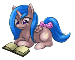 Size: 300x238 | Tagged: safe, artist:scittykitty, imported from derpibooru, oc, oc only, alicorn, pony, alicorn oc, animated, book, bow, eyelashes, female, gif, glowing horn, horn, magic, mare, reading, smiling, solo, tail bow, telekinesis, wings