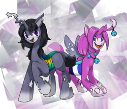 Size: 1560x1338 | Tagged: safe, artist:scittykitty, imported from derpibooru, oc, oc only, changeling, changeling queen, :d, abstract background, changeling queen oc, duo, female, open mouth, raised hoof, smiling