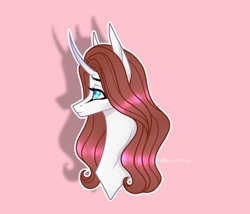 Size: 1080x926 | Tagged: safe, artist:sia.brony, imported from derpibooru, oc, oc only, pony, unicorn, bust, curved horn, female, horn, mare, pink background, signature, simple background, solo, unicorn oc