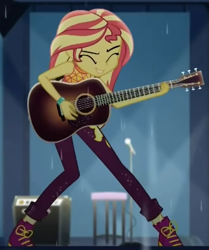 Size: 437x523 | Tagged: safe, imported from derpibooru, screencap, sunset shimmer, equestria girls, equestria girls series, let it rain, spoiler:eqg series (season 2), acoustic guitar, cropped, guitar, musical instrument, sleeveless, solo