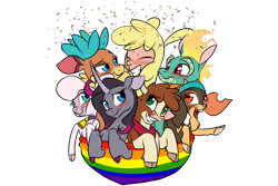 Size: 1800x1200 | Tagged: safe, artist:redahfuhrerking, imported from derpibooru, arizona cow, oleander, paprika paca, pom lamb, shanty (tfh), tianhuo, velvet reindeer, alpaca, classical unicorn, cow, dragon, goat, hybrid, longma, sheep, unicorn, them's fightin' herds, arizona (tfh), battleship (tfh), cloven hooves, community related, confetti, fightin' seven, fightin' six, implied lesbian, implied shipping, leonine tail, oleander (tfh), paprika (tfh), polyamory, pom (tfh), pride flag, simple background, tianhuo (tfh), transparent background, unshorn fetlocks, velvet (tfh)