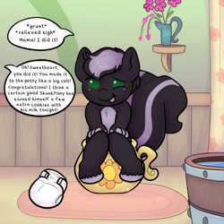 Size: 894x894 | Tagged: safe, artist:zombineko, imported from derpibooru, oc, oc only, oc:zenawa skunkpony, earth pony, hybrid, skunk, skunk pony, bathroom, chamber pot, diaper, flower, foal, implied fluttershy, implied peeing, implied pooping, offscreen character, potty, potty training, raised tail, sitting, speech bubble, tail, tongue out