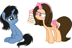 Size: 642x429 | Tagged: safe, artist:muhammad yunus, artist:tanahgrogot, imported from derpibooru, oc, oc:hsu amity, oc:siti shafiyyah, alicorn, pony, unicorn, c, crying, d, duo, duo female, f, female, glasses, grades, magic, mare, report card, simple background, telekinesis, transparent background