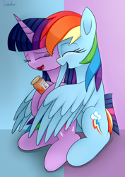 Size: 2480x3507 | Tagged: safe, artist:twidasher, imported from derpibooru, rainbow dash, twilight sparkle, pegasus, pony, unicorn, duo, eyes closed, fanfic art, female, happy, high res, hug, lesbian, mare, medicine, open mouth, open smile, pill bottle, pills, shipping, signature, sitting, smiling, twidash, unicorn twilight, winghug, wings